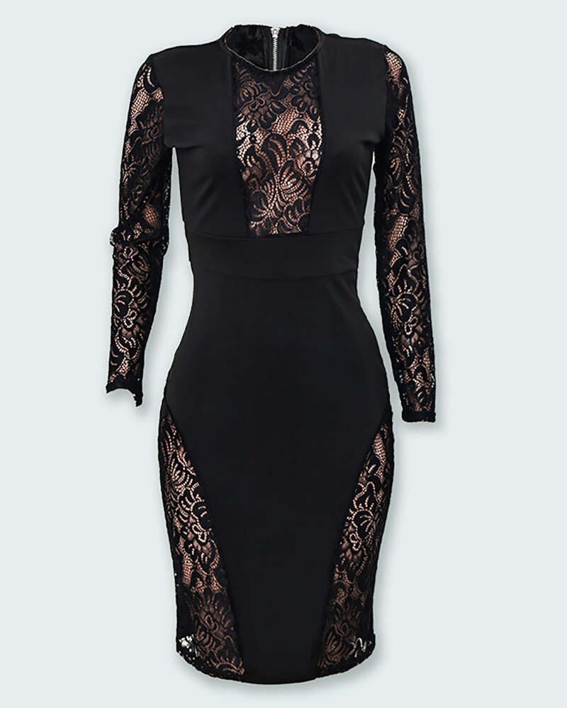 Sexy Long Sleeve Black Lace Insert Bodycon Dress