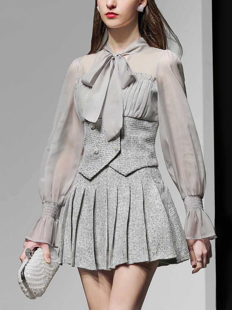 Bow Bandage Design See Through Long Lantern Sleeve Blouse + High Waist Short Pleated Skirts Two-piece Suit