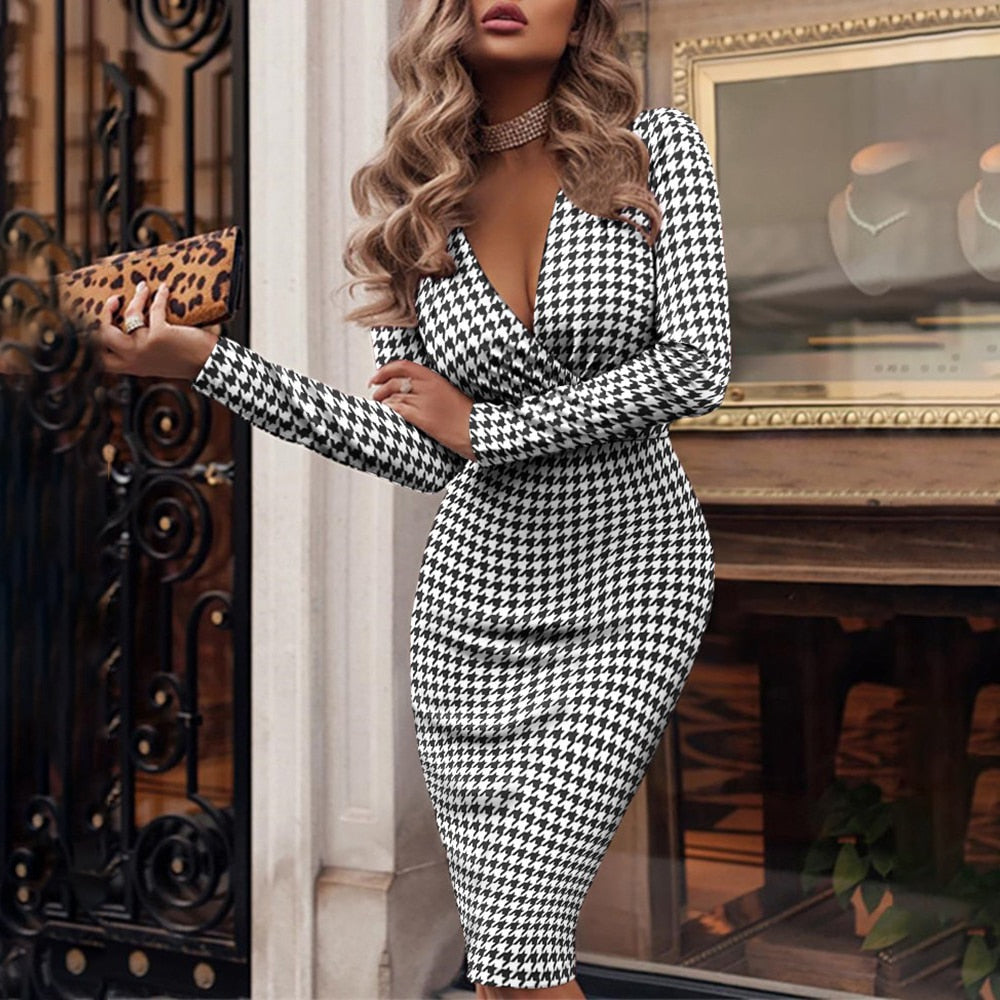 Autumn Long Sleeve Bodycon V-neck Slim Pencil Dress