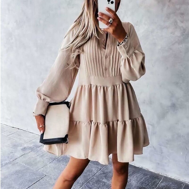 Autumn O Neck Button Draped  Casual Lantern Long Sleeve A-Line Mini Dress