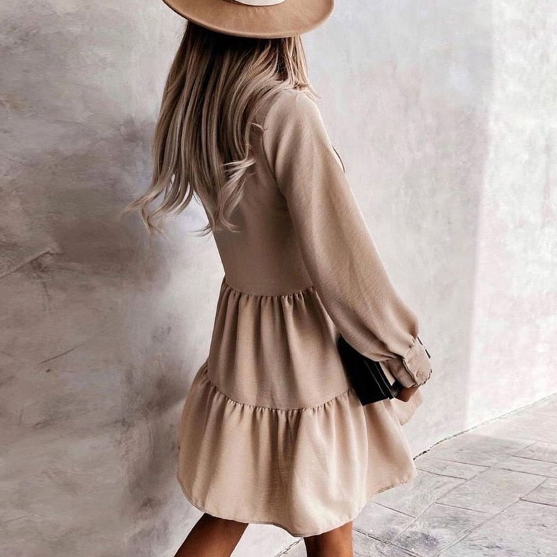 Autumn O Neck Button Draped  Casual Lantern Long Sleeve A-Line Mini Dress