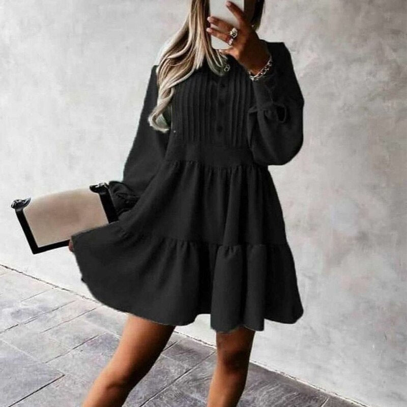 Autumn O Neck Button Draped  Casual Lantern Long Sleeve A-Line Mini Dress