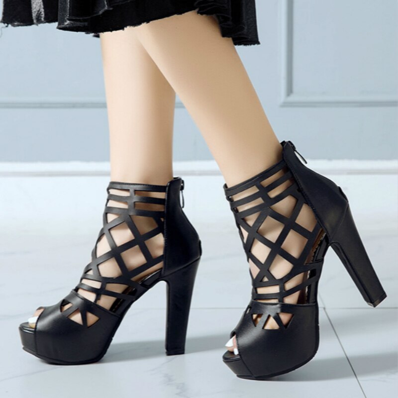 PU Leather High Heels Short Boots Platform Cut-outs