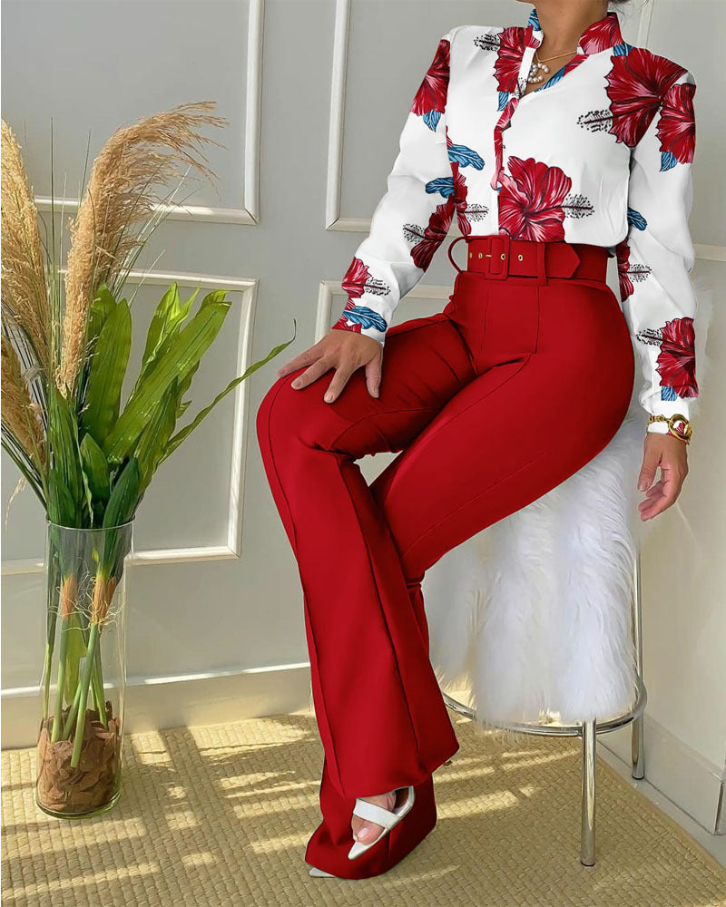 Autumn Trend Casual Leaf Print Buttoned Shirt & High Waist Pants