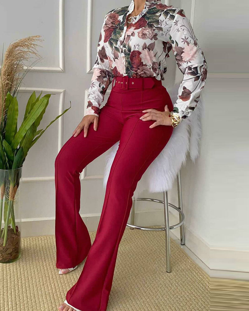 Autumn Trend Casual Leaf Print Buttoned Shirt & High Waist Pants