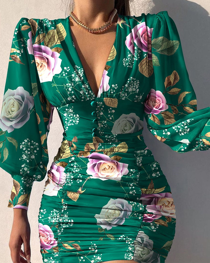 Autumn  Floral Print Bodycon Ruched Dress