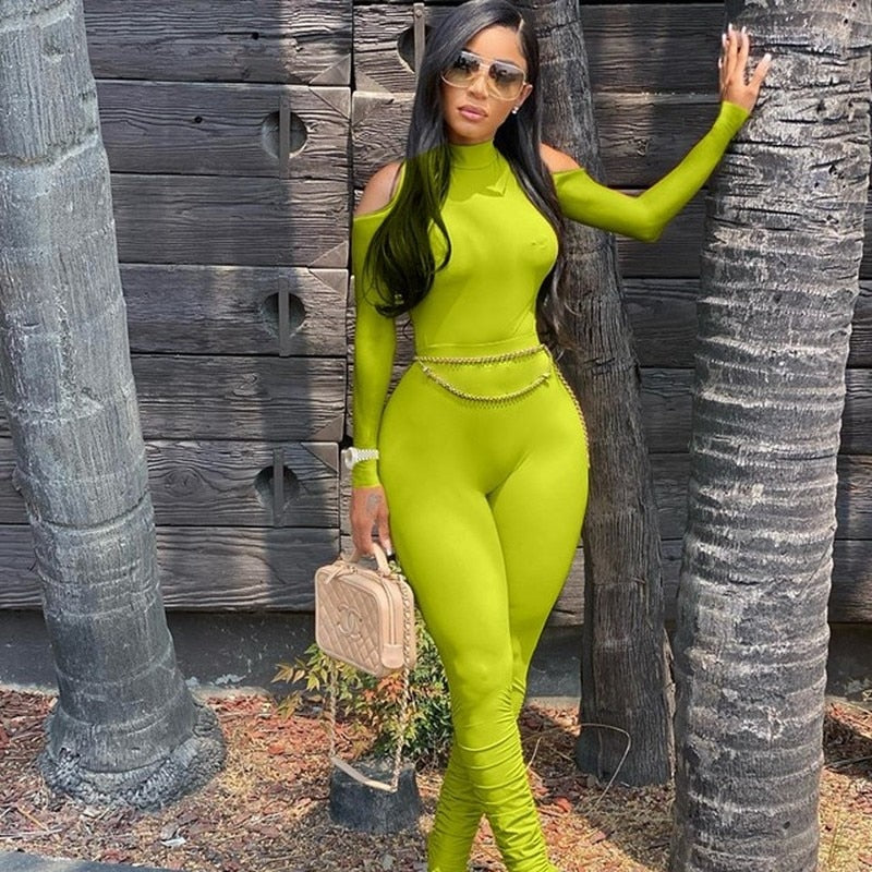 Long Sleeve Stacked One Piece Bandage Bodycon Jumpsuit