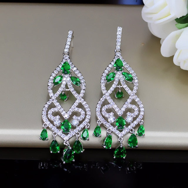 Cubic Zircon Long Drop Bridal Wedding Chandelier Earrings