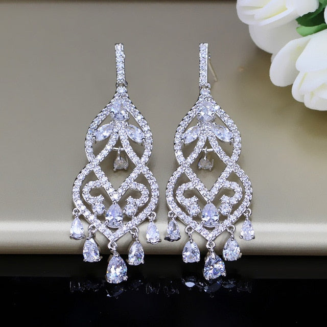 Cubic Zircon Long Drop Bridal Wedding Chandelier Earrings