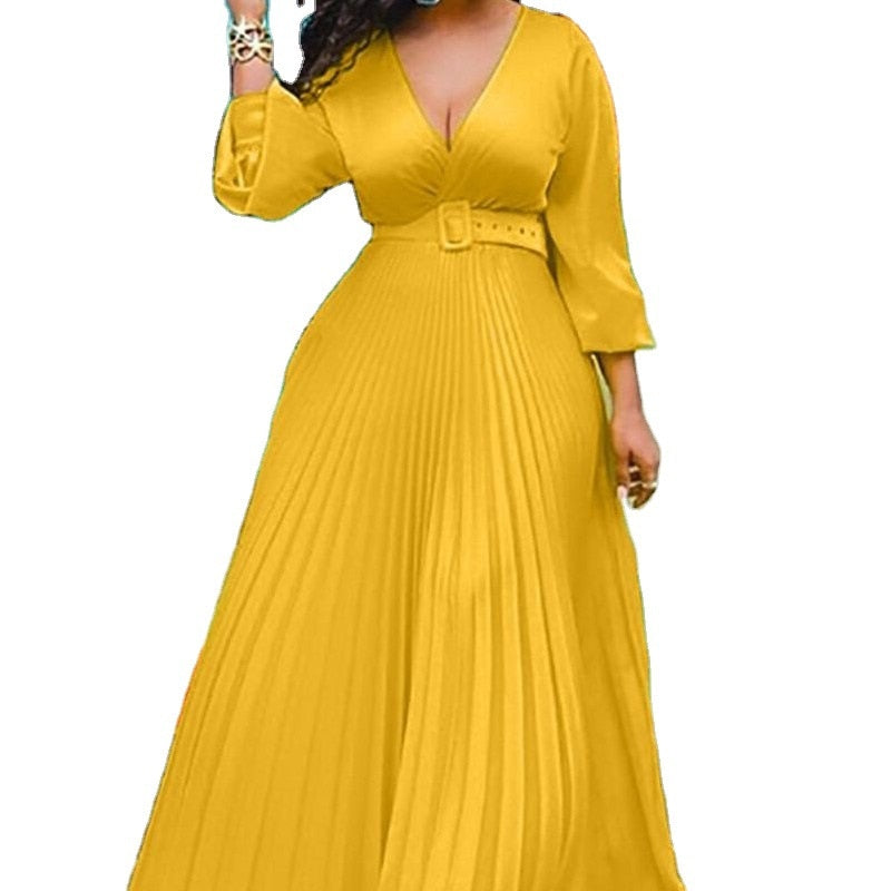 Pleated Long Sleeve High Waist Elegant Chiffon Vintage Maxi Dress