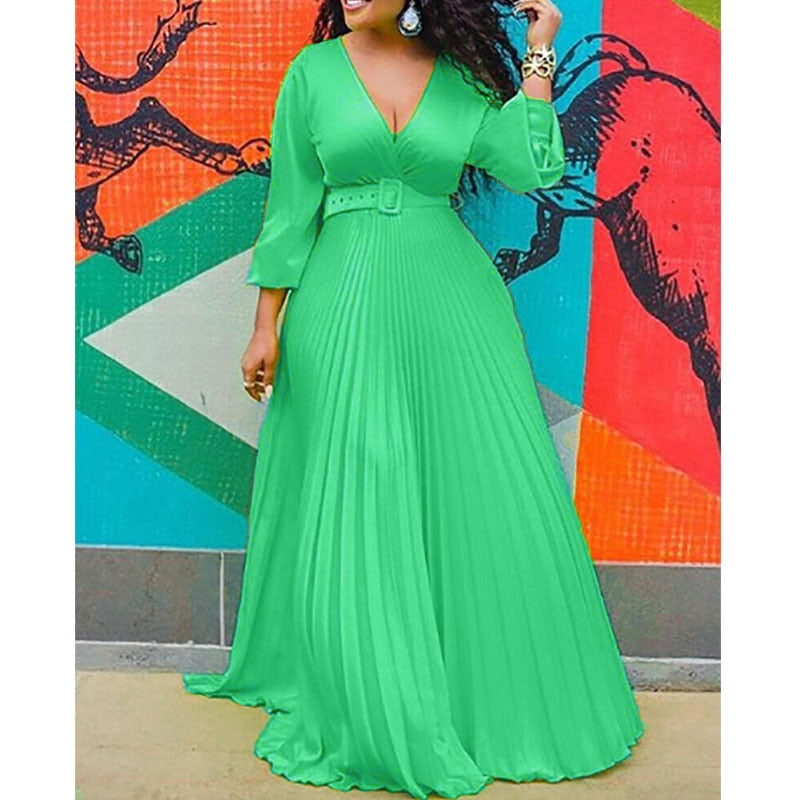 Pleated Long Sleeve High Waist Elegant Chiffon Vintage Maxi Dress