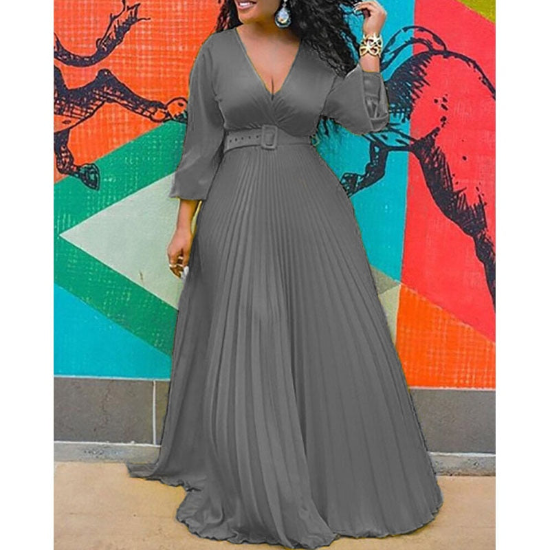 Pleated Long Sleeve High Waist Elegant Chiffon Vintage Maxi Dress