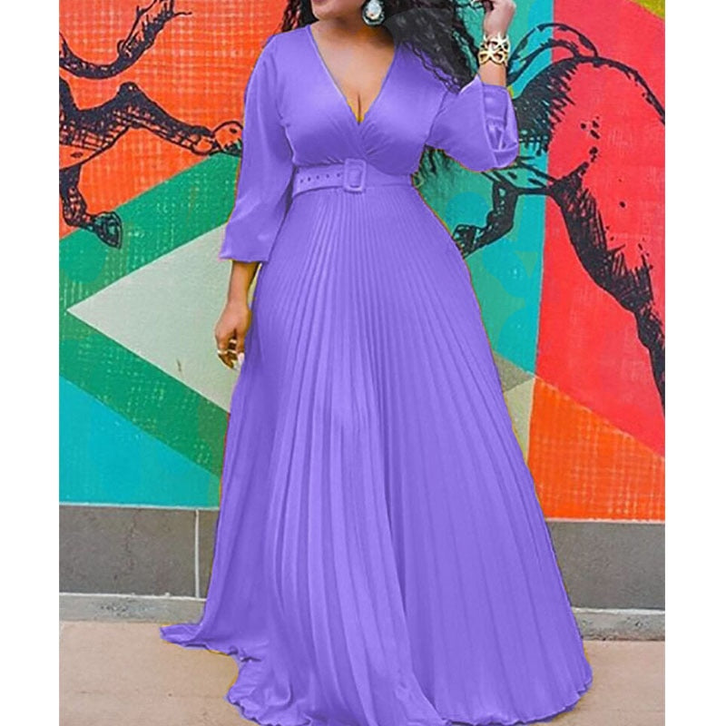 Pleated Long Sleeve High Waist Elegant Chiffon Vintage Maxi Dress