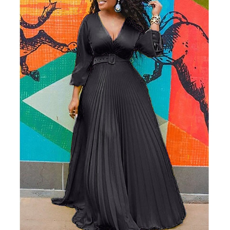 Pleated Long Sleeve High Waist Elegant Chiffon Vintage Maxi Dress