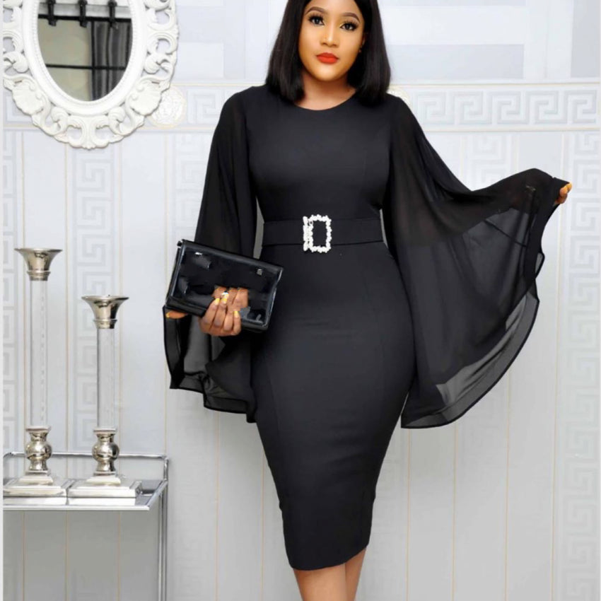 Black  Chiffon Flare Long Sleeve Sexy Bodycon Belt Elegant Dress