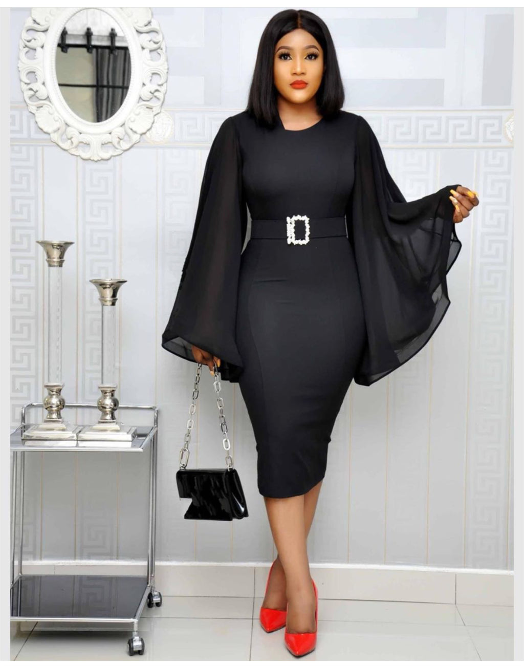 Black  Chiffon Flare Long Sleeve Sexy Bodycon Belt Elegant Dress