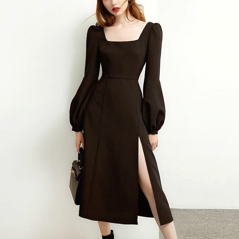 Long Sleeve Hepburn Style Chiffon Black Retro Split Dress