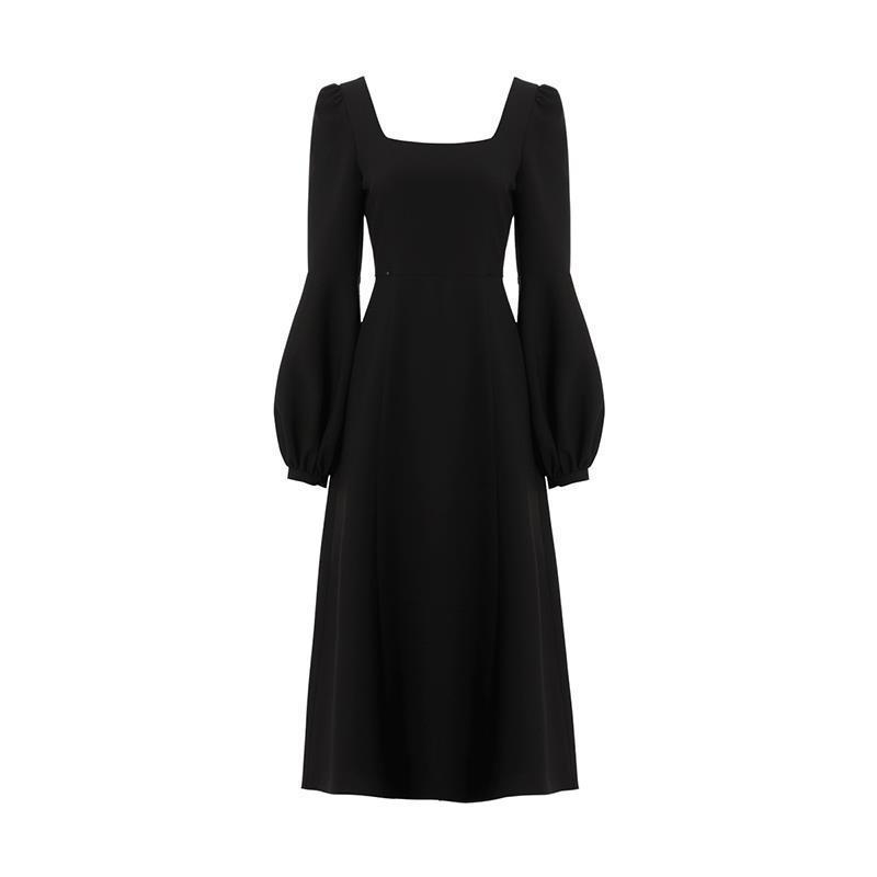 Long Sleeve Hepburn Style Chiffon Black Retro Split Dress