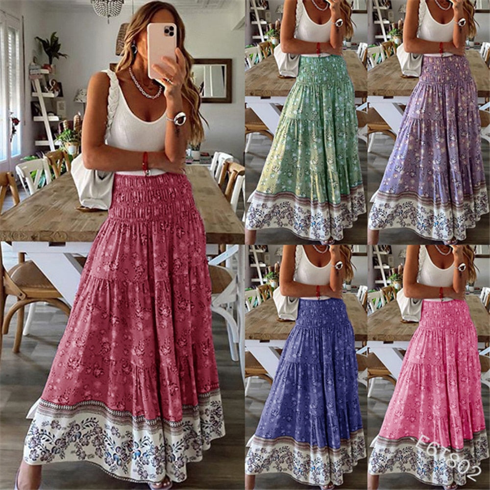 Boho Casual Print Maxi Skirt