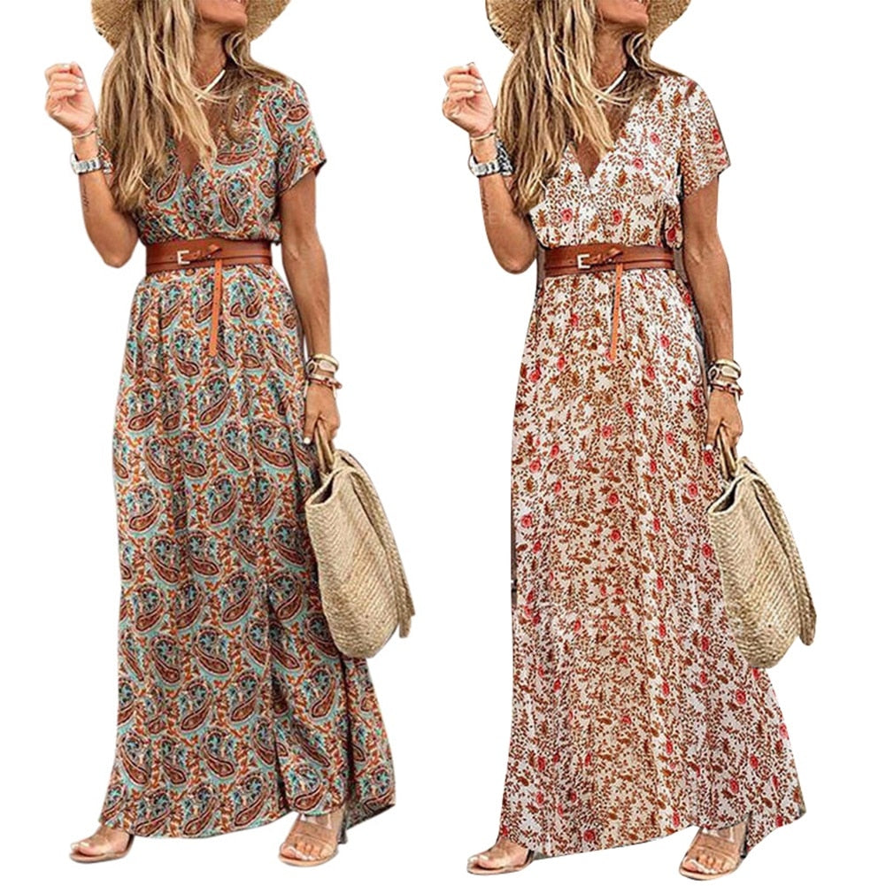 V Neck Short Sleeve Paisley Print with Belt Maxi Dress