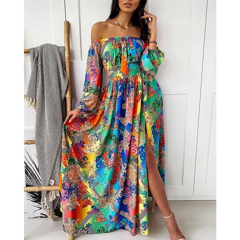 Boho Floral Off Shoulder Colorful Slit Maxi Dress