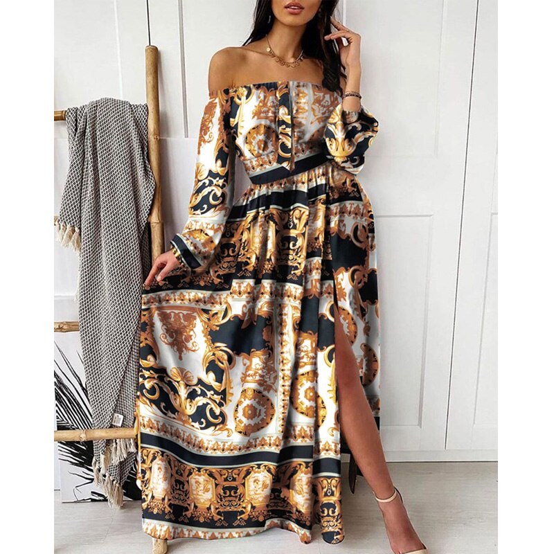 Boho Floral Off Shoulder Colorful Slit Maxi Dress