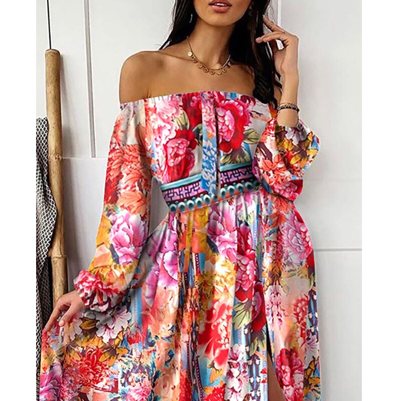 Boho Floral Off Shoulder Colorful Slit Maxi Dress