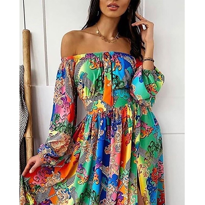 Boho Floral Off Shoulder Colorful Slit Maxi Dress