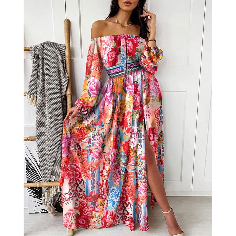 Boho Floral Off Shoulder Colorful Slit Maxi Dress