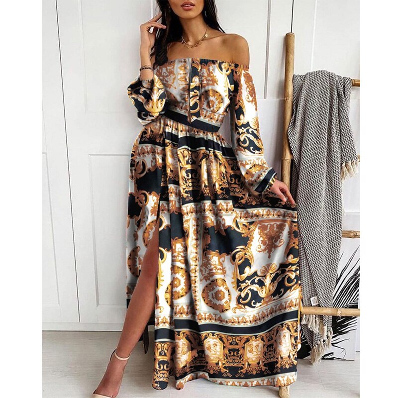 Boho Floral Off Shoulder Colorful Slit Maxi Dress