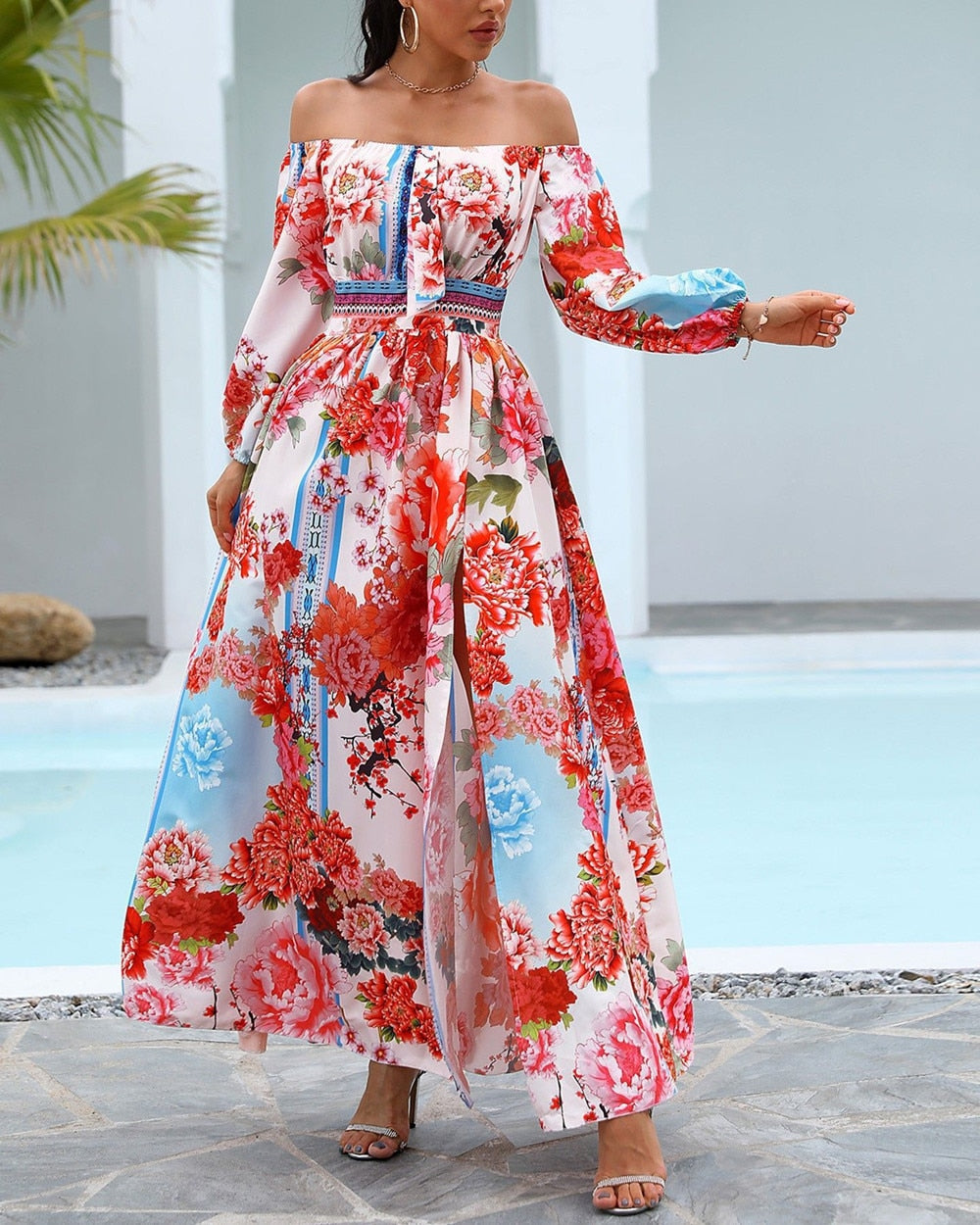 Boho Floral Off Shoulder Colorful Slit Maxi Dress