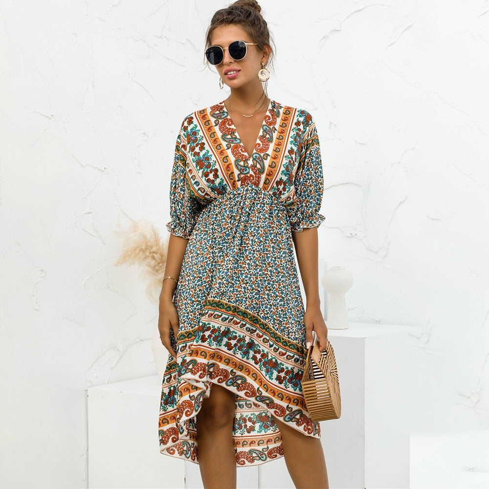 Boho Sexy Backless Print V-neck Lace Up Loose Midi Dress