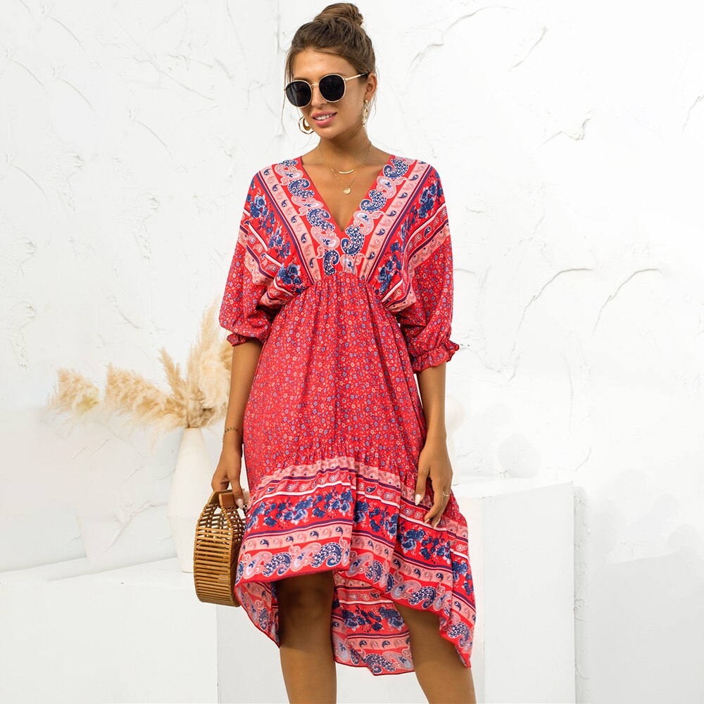 Boho Sexy Backless Print V-neck Lace Up Loose Midi Dress