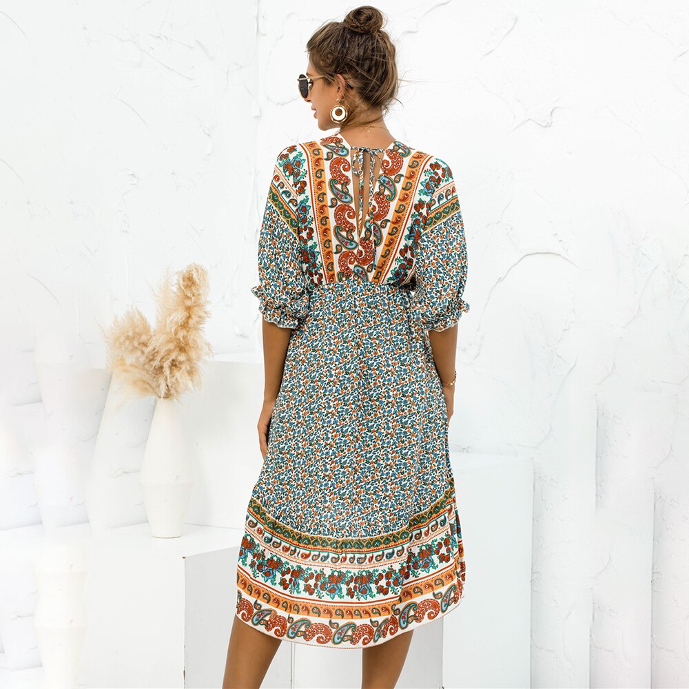 Boho Sexy Backless Print V-neck Lace Up Loose Midi Dress