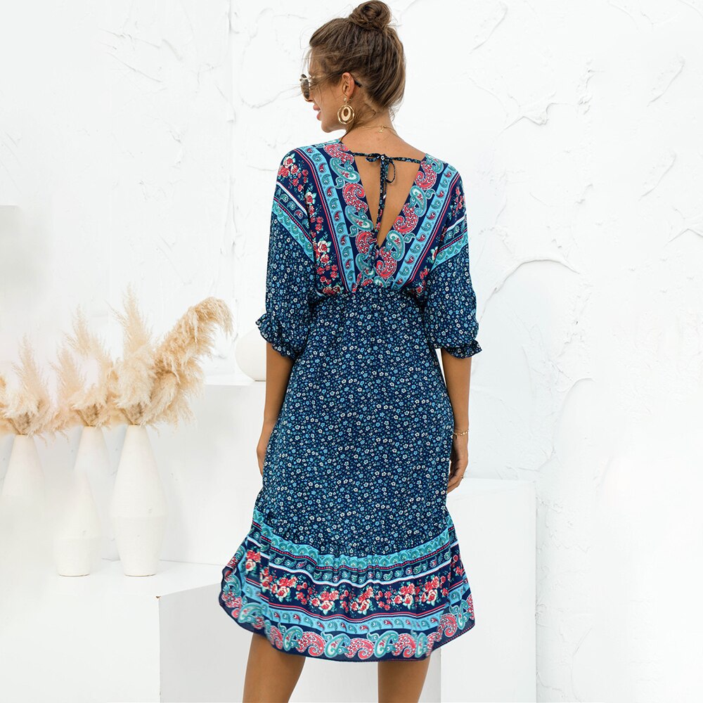 Boho Sexy Backless Print V-neck Lace Up Loose Midi Dress