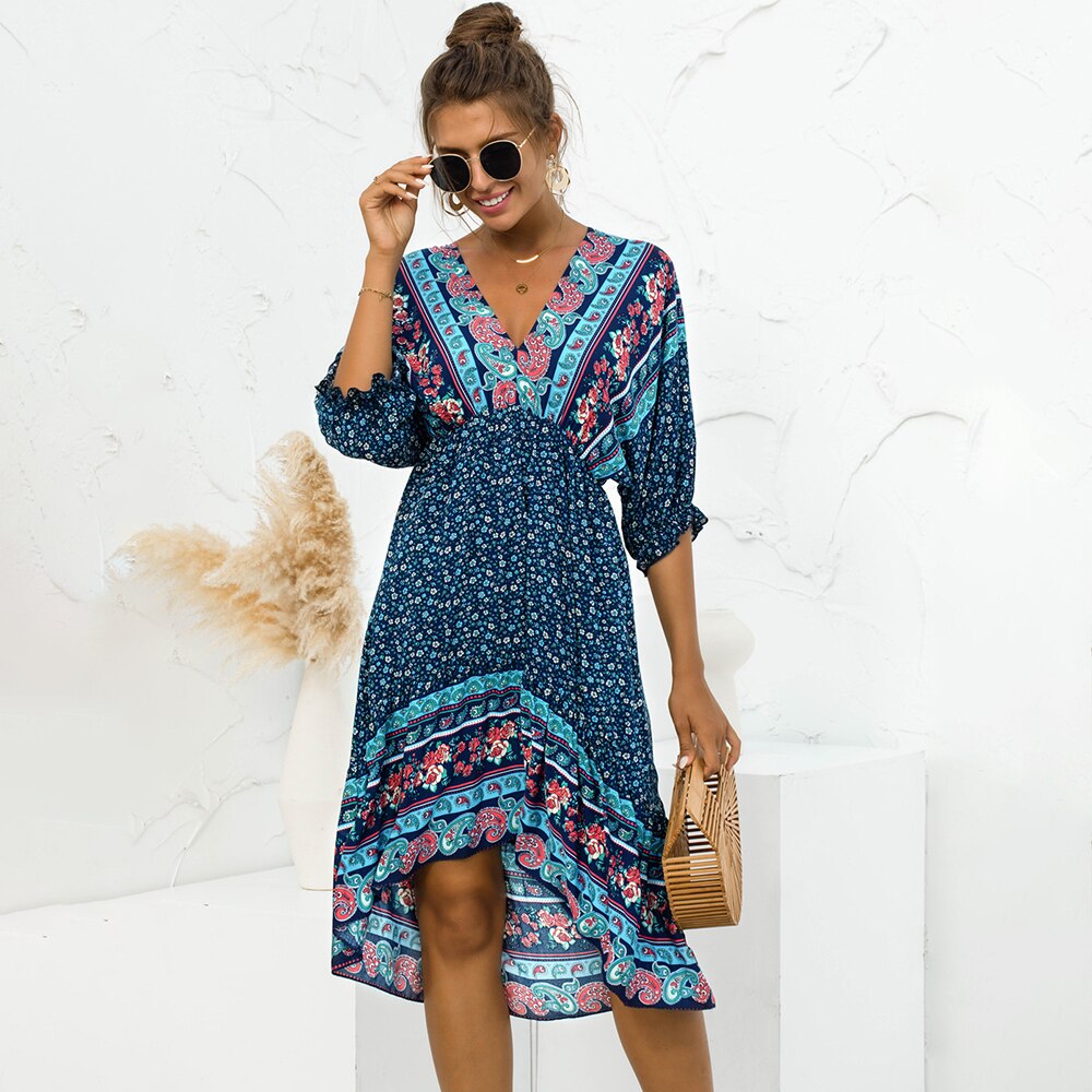 Boho Sexy Backless Print V-neck Lace Up Loose Midi Dress