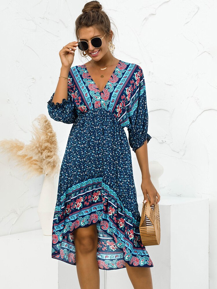 Boho Sexy Backless Print V-neck Lace Up Loose Midi Dress