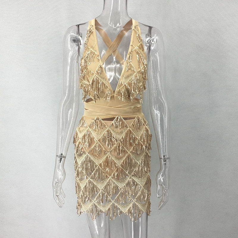 Sparkle Backless Tassel Sequins Bodycon Dress