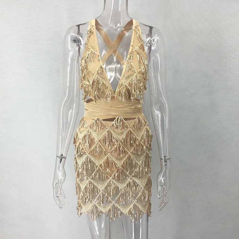 Sparkle Backless Tassel Sequins Bodycon Dress