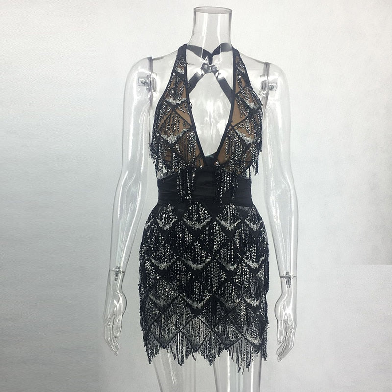 Sparkle Backless Tassel Sequins Bodycon Dress