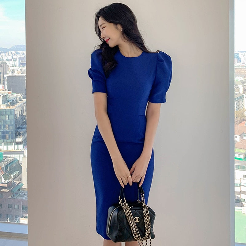Blue Solid Color Puff Sleeve Lace Up Slim Pencil Dress