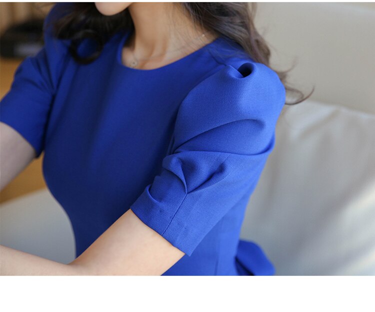 Blue Solid Color Puff Sleeve Lace Up Slim Pencil Dress