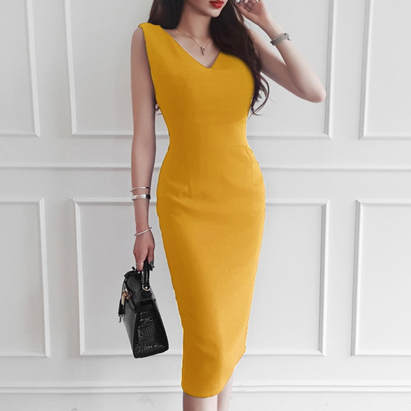 Yellow V-neck with Slit Sleeveless Bodycon Office Dress