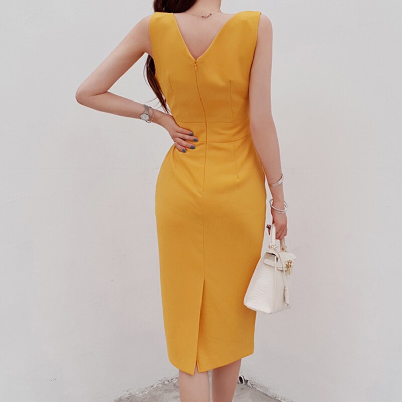 Yellow V-neck with Slit Sleeveless Bodycon Office Dress