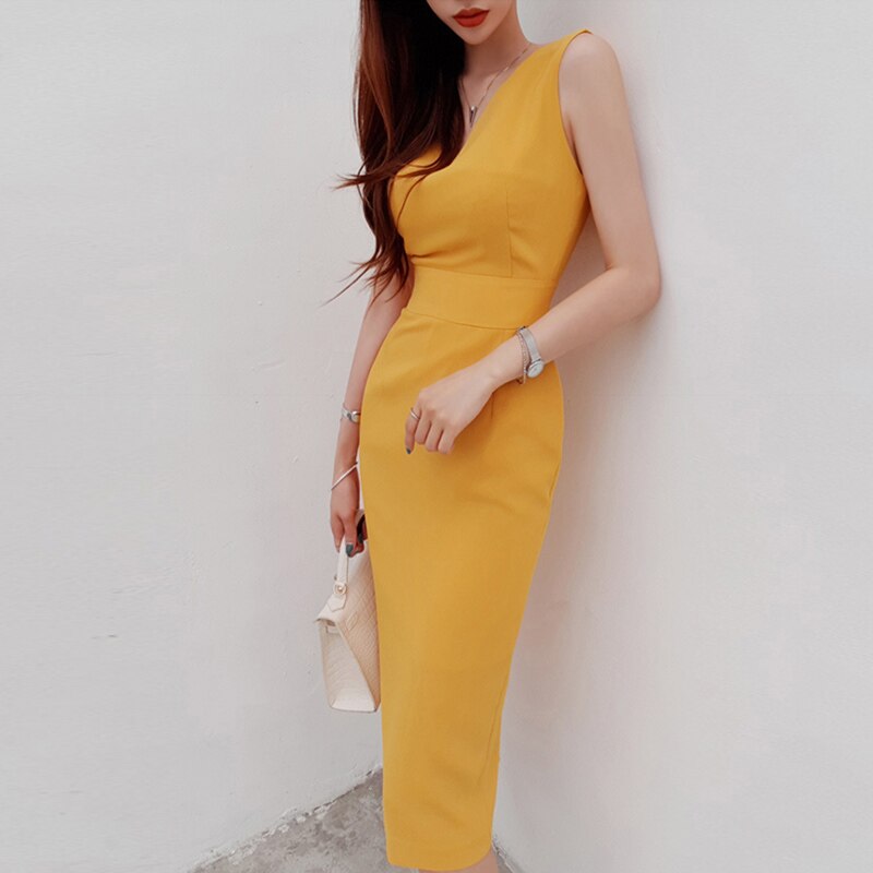 Yellow V-neck with Slit Sleeveless Bodycon Office Dress