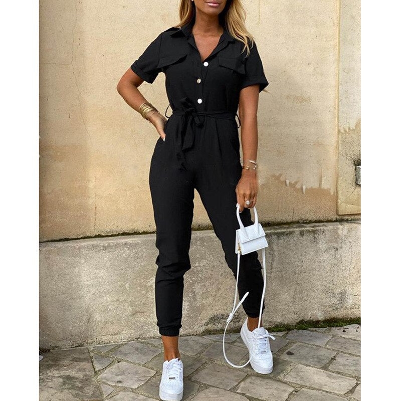 Summer Autumn Women Lapel Jumpsuits