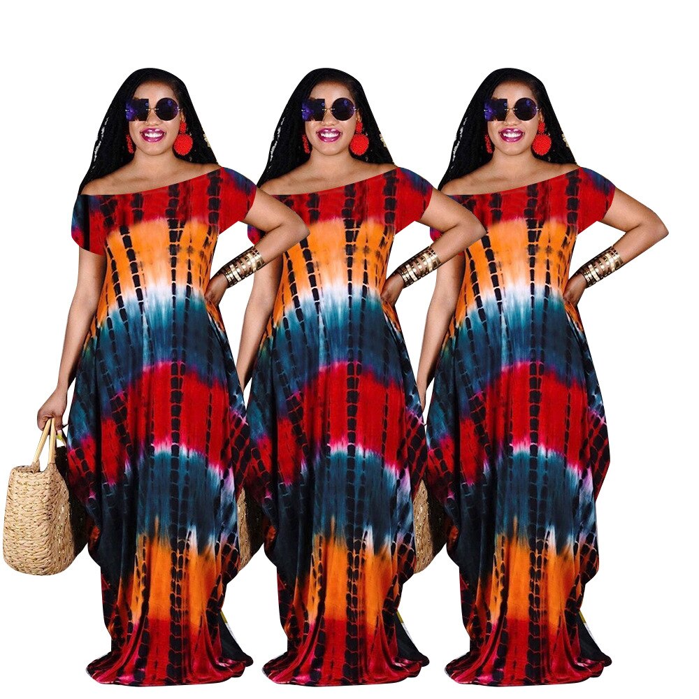 Colorful Tie Dye Print Off Shoulder Maxi Dress