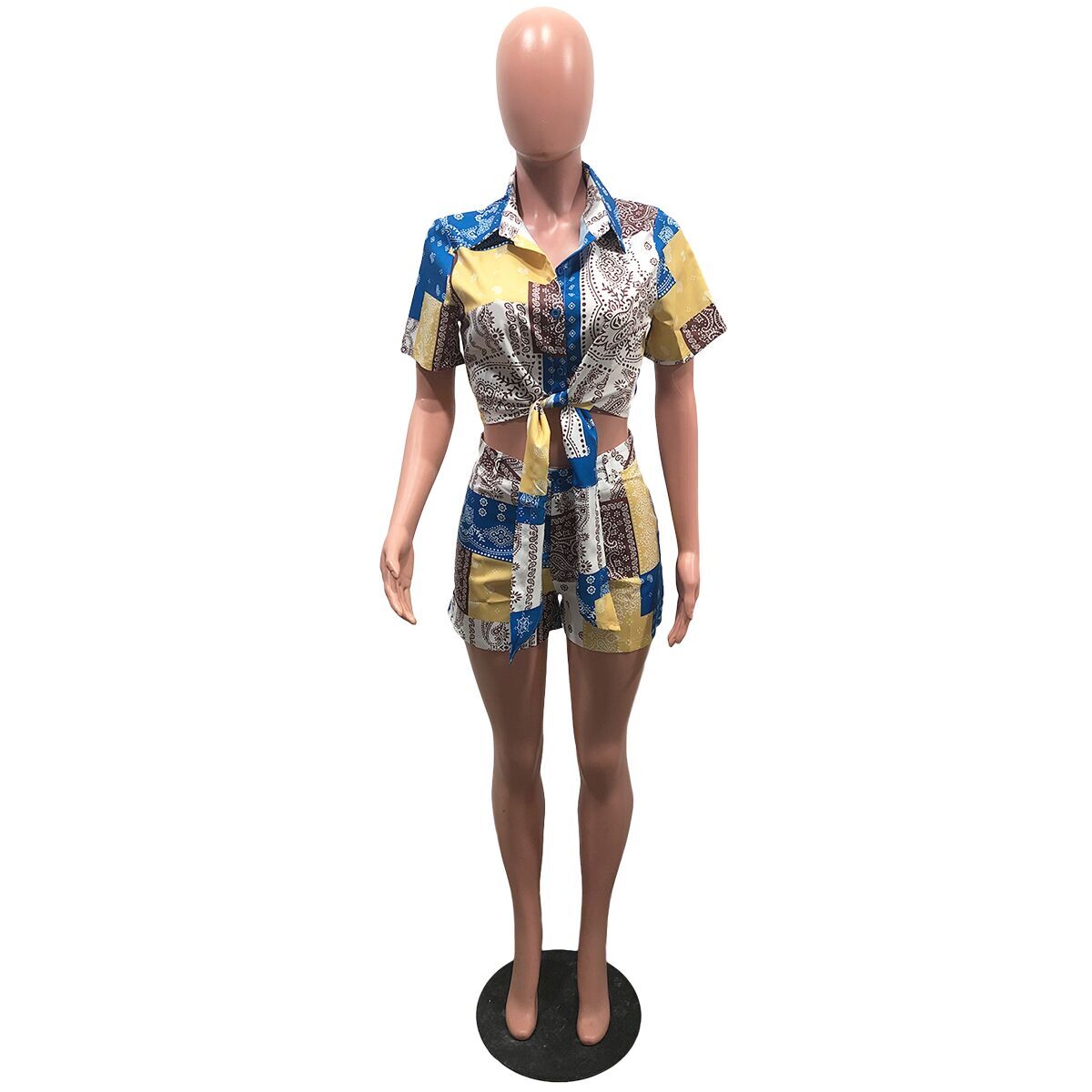 Elegant Bandanna Paisley  Summer Tie Hem Mini Shirt and Shorts