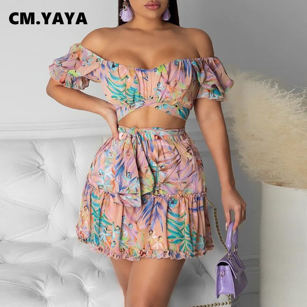 Foral Beach Bohemian Mini Pleated Skirts Set with Crop Tops