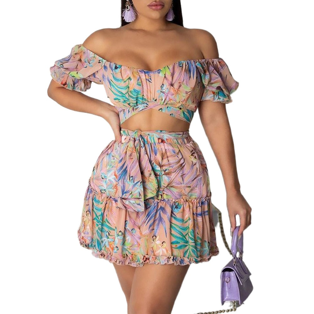 Foral Beach Bohemian Mini Pleated Skirts Set with Crop Tops